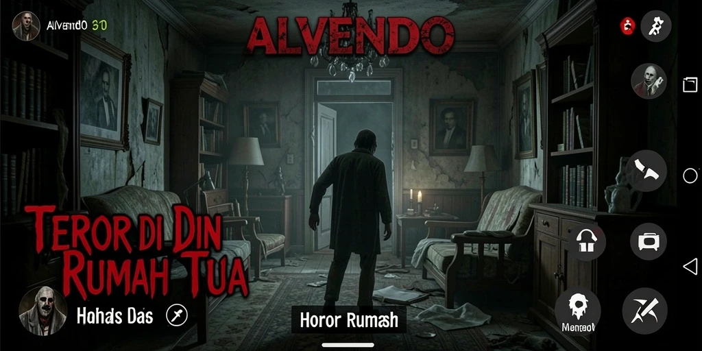 Antarmuka permainan ALVENDO yang menegangkan di dalam rumah angker.