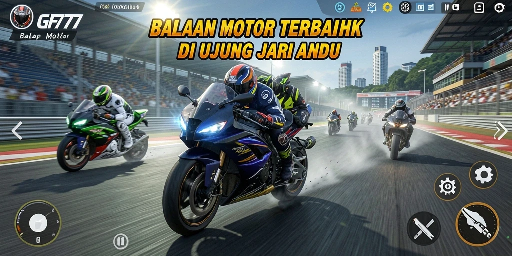 Tampilan antarmuka utama GF777 dengan motor balap yang memukau.