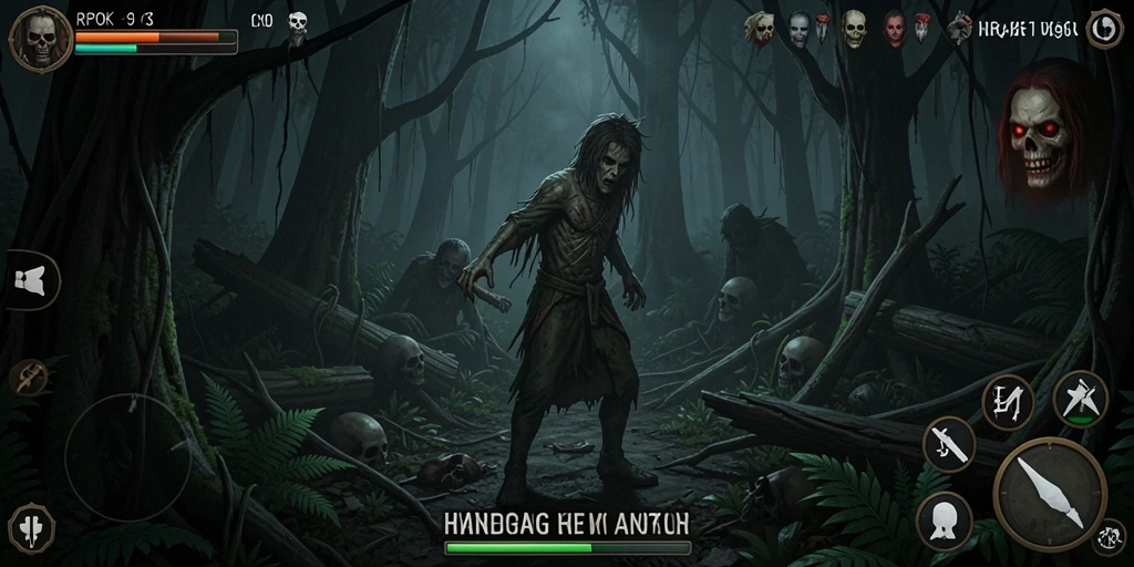 Antarmuka permainan RPOK menampilkan suasana horor hutan yang intens.