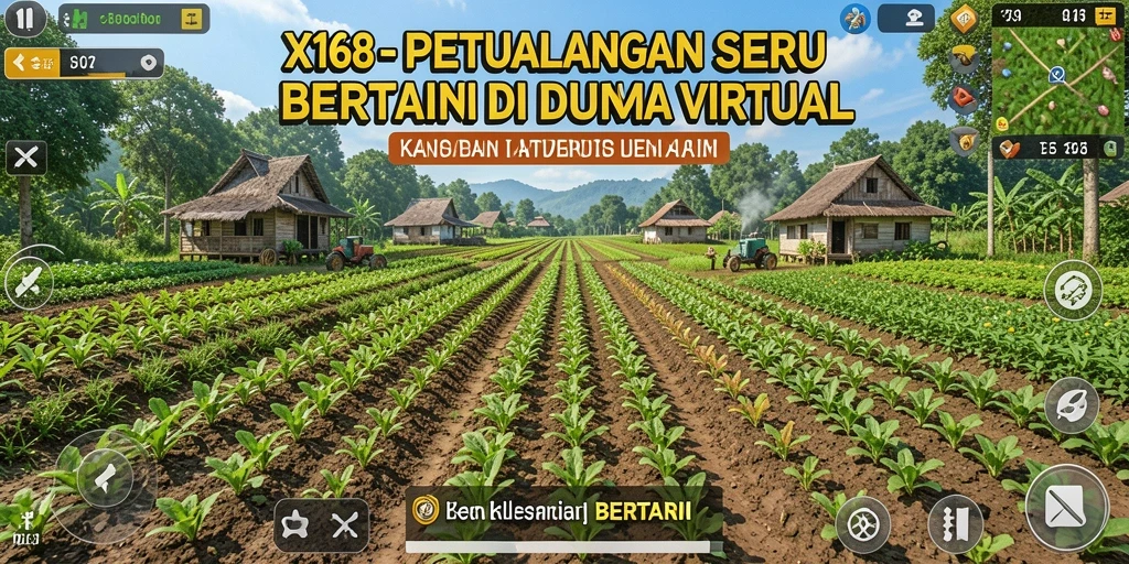 Screenshot antarmuka X168 menampilkan aktivitas bertani yang seru dan interaktif.